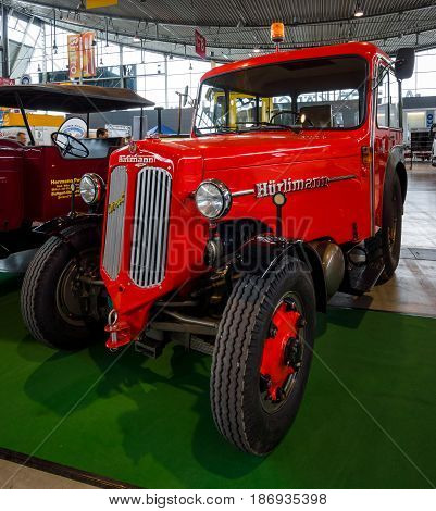 STUTTGART GERMANY - MARCH 03 2017: Tractor unit Huerlimann D800 Industrie 1968. Europe's greatest classic car exhibition 