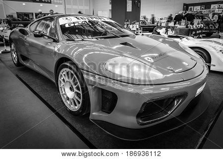 STUTTGART GERMANY - MARCH 03 2017: Sports car Ferrari F360 Challenge by Scuderia Corsa. Black and white. Europe's greatest classic car exhibition 