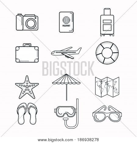 Hand drawn objects related to vacations on the bach over white background.