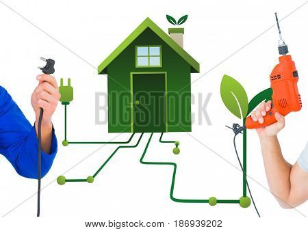 Digital composite of hand with plug and hand with drill with green house background