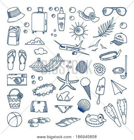 Seaside holidays. Vector illustration. Vector illustration. Sunglasses and sunscreen, ice cream, slates, hammock. The concept of summer holidays. Vector illustration for a beautiful design.