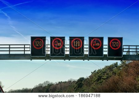Signage on bridge over the motorway A 2 direction Dortmund in Germany.