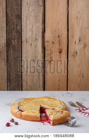 Fresh Homemade Cherry Pie On A White Background. Juicy Piece Of Cherry Pie.