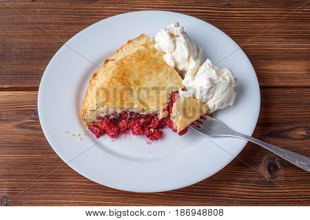 Fresh Homemade Pie With Cherry Pulp And Ice Cream On A Plate. A Slice Of A Cherry Pie With A Ruddy C
