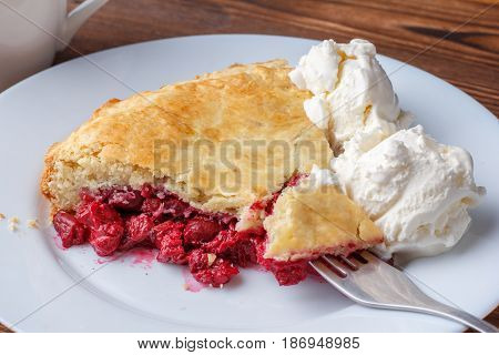 Fresh Homemade Pie With Cherry Pulp And Ice Cream On A Plate. A Slice Of A Cherry Pie With A Ruddy C