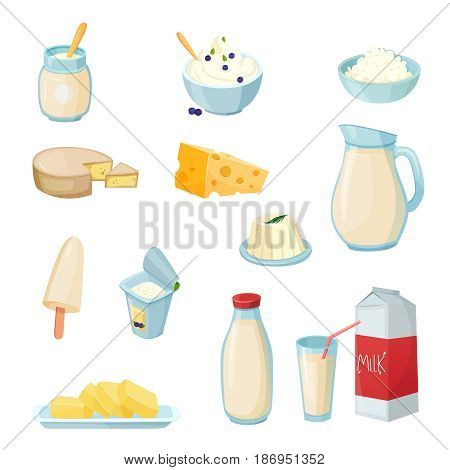 Dairy products set with milk in various packaging cheese yogurt butter curd sour cream isolated vector illustration