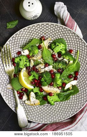 Vegetable Green Salad With Chicken And Pomegranate.top View.