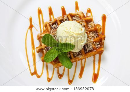 Belgian Waffle With Ice Cream, Caramel And Mint