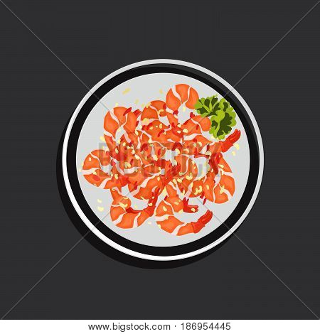 Cartoon vector illustration of fried shrimp with salad