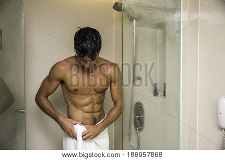 Close up Attractive Young Bare Muscular Man after Taking Shower