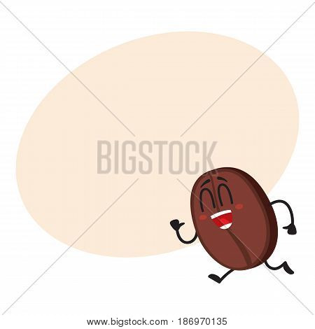 Funny, crazy looking coffee bean character with human face running, hurring somewhere, cartoon vector illustration with space for text. Crazy coffee bean character, mascot, design element