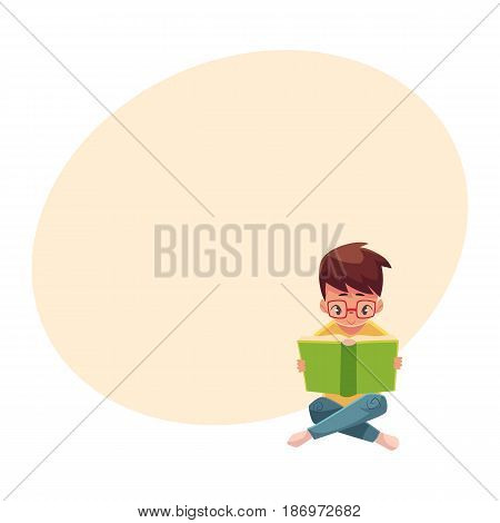 Little boy, kid, child in glasses reading book sitting with crossed legs on the floor, cartoon vector illustration with space for text. Little boy, kid in glasses reading book sitting