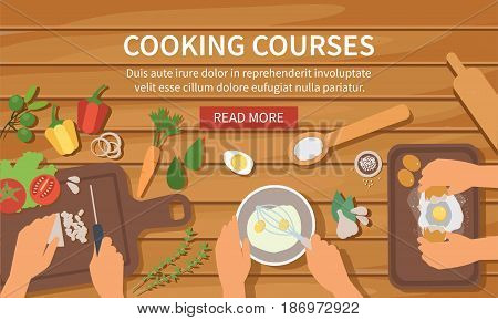Vector cooking web banner with wooden background. Cooking class bakery recipes.