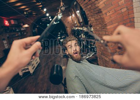 Oh Noo! New Hairdresser. Shocked Red Bearded Young Man Is Worried About His Haircut In A Barber Shop