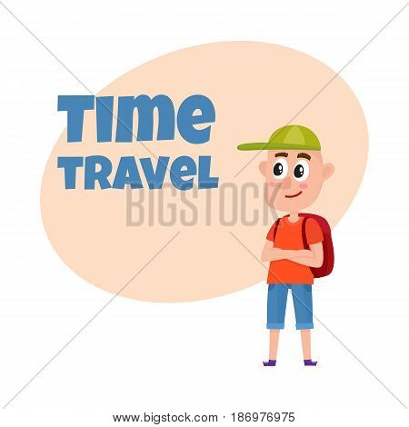 Travel time poster, banner, postcard design with teenage boy tourist with backpack wearing shorts and baseball cap, cartoon vector illustration. Full length portrait of boy, traveling on vacation