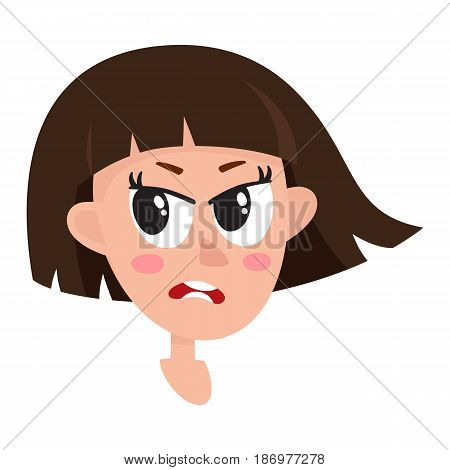 Pretty dark brown hair woman, angry facial expression, cartoon vector illustrations isolated on white background. Beautiful woman frowns, feeling distresses, frustrated, sullen. Angry face expression