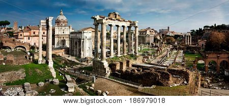 panorama of the Roman Forum Foro Romano and Ruins of Septimius Severus Arch and Saturn Temple in Rome, Italy