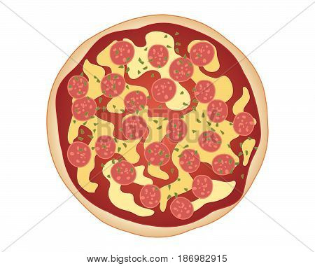 an illustration of classic pepperoni pizza with bread base tomato sauce cheese and pepperoni sprinkled with herbs