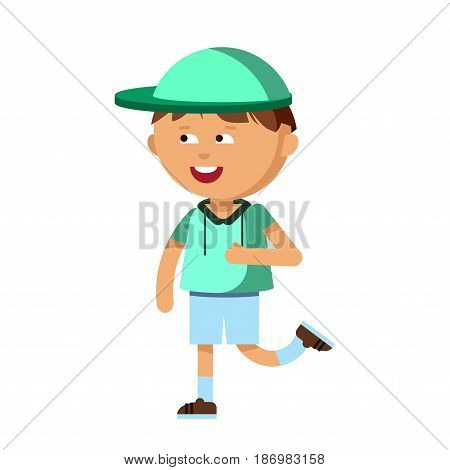 Cute boy have fun. Male kid character illustration. Child in motion. Cheerful kinder. Detailed personage isolated in white background.