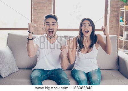 Goal! Yes! Married Young People Are Fans Of Sports Games As  Football, Basketball, Hockey, Baseball,