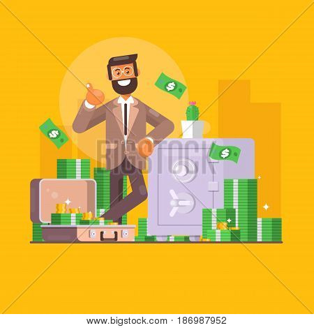 Saving money. Business finance and investment concept. Businessman character standing near safe full of money. Flat illustration