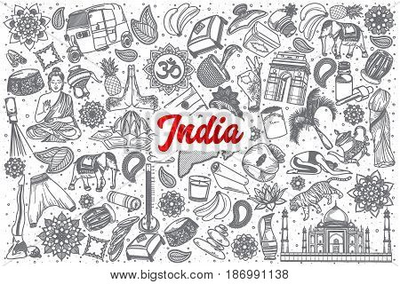Hand drawn India doodle set background with red lettering in vector