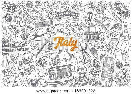 Hand drawn Italy doodle set background with orange lettering in vector