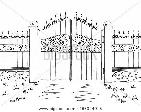 Wall fence gate graphic black white landscape sketch illustration vector
