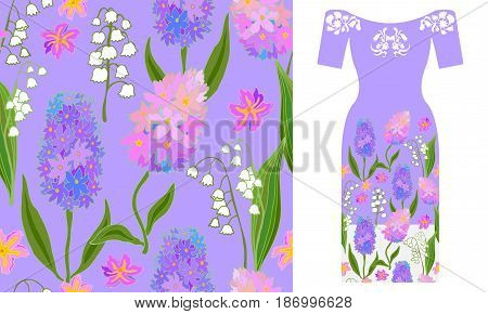 Seamless vector pattern with hyacinths and lilies of the valley. Summer textile collection.