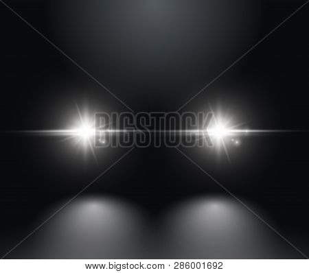 Cars Light Effect. White Glow Car Headlight Bright Beams Ray Isolated On Black Background.