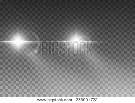 Cars Light Effect. White Glow Car Headlight Bright Beams Ray Isolated On Transparent Background.