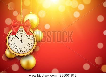 2018 New Year Shining Background With Clock. Happy New Year 2018 Celebration Decoration Golden Balls
