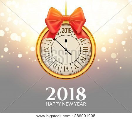 2018 New Year Shining Background With Clock. Happy New Year 2018 Celebration Decoration Golden Balls
