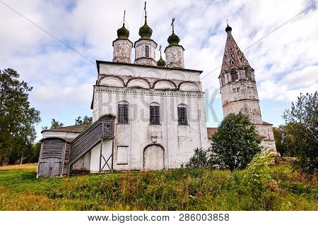 Old Orthodox Church At Village. Summer View With Floral Meadow.