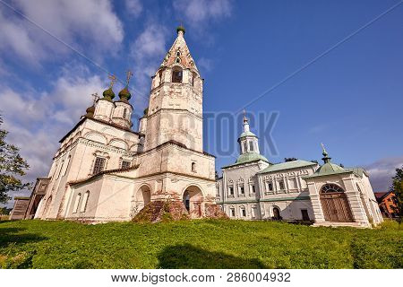 Old Orthodox Church At Village. Summer View With Floral Meadow.