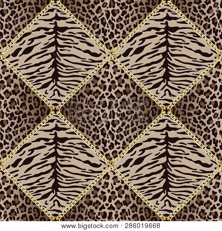 Golden Chains Seamless Pattern With Leopard And Tiger Prints.