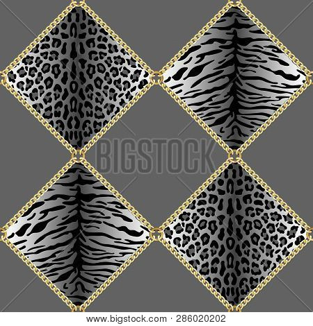 Golden Chains Seamless Pattern With Leopard And Tiger Prints.