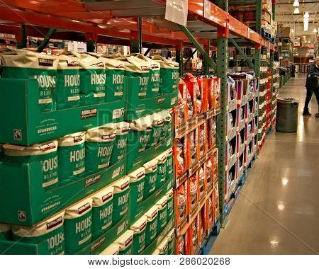 Brainerd, Mn - 11 Feb 2019: Bags Of Coffee Stacked On Pallets At Costco Store, The Largest Membershi