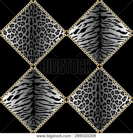 Golden Chains Seamless Pattern With Leopard And Tiger Prints.