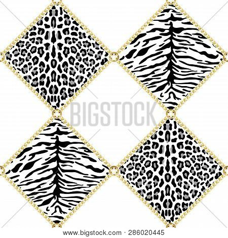 Golden Chains Seamless Pattern With Leopard And Tiger Prints.