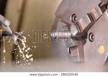 Spindle Chuck And Installed Metal Part In Pocessing On High Precision Cnc Industrial Lathe Turning M