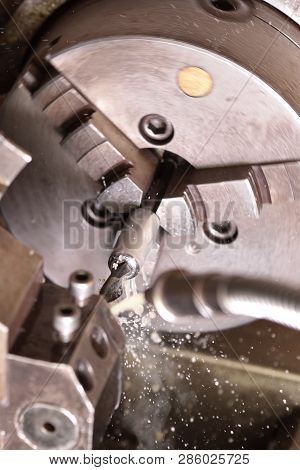 Spindle Chuck And Installed Metal Part In Pocessing On High Precision Cnc Industrial Lathe Turning M