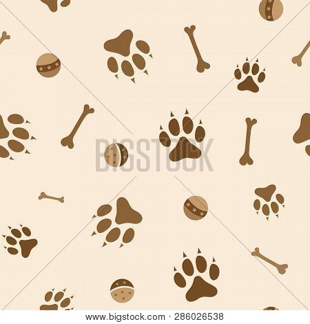Dog Paw, Bone And Ball Game Seamless Pattern Beige Background.