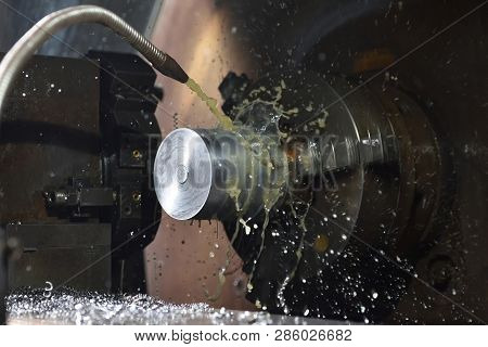 Spindle Chuck And Installed Metal Part In Pocessing On High Precision Cnc Industrial Lathe Turning M