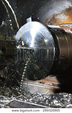 Spindle Chuck And Installed Metal Part In Pocessing On High Precision Cnc Industrial Lathe Turning M