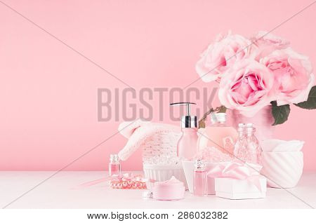 Bath Cosmetics Products, Romantic Bouquet And Accessories In Elegant Pastel Pink Color - Massage Ros