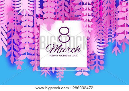 8 March. Origami Spring Flowers For Happy Womens Day. Mixed Pink Violet Paper Cut Outs Plants, Flowe