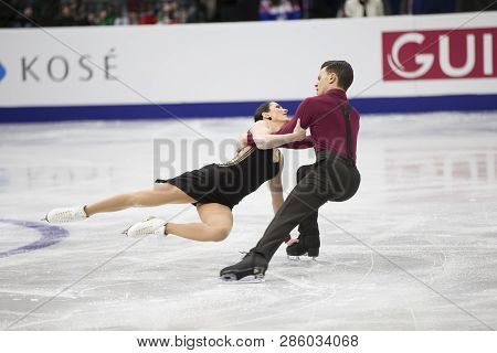 Belarus, Minsk, January 25, 2019. Minsk Arena. European Figure Skating Championship. Dancing on ice. Italian figure skaters Charlene Guignard Marco Fabbri perform the program. Dance couple