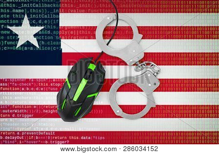 Liberia Flag  And Handcuffed Computer Mouse. Combating Computer Crime, Hackers And Piracy