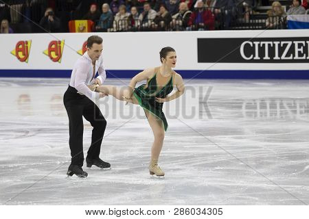 Belarus, Minsk, January 25, 2019. Minsk Arena. European Figure Skating Championship. Dancing on ice. Polish skaters Natalia Kaliszek Maxim Spodyriev perform the program. Dance couple